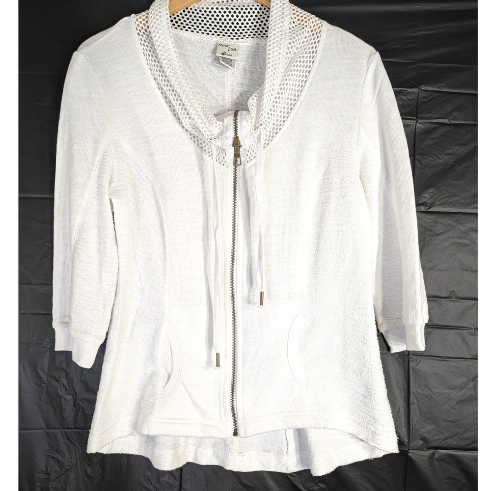 Mindset by XCVI White Zip Up Jacket; Mesh Cowl Neck 3/4 Sleeve